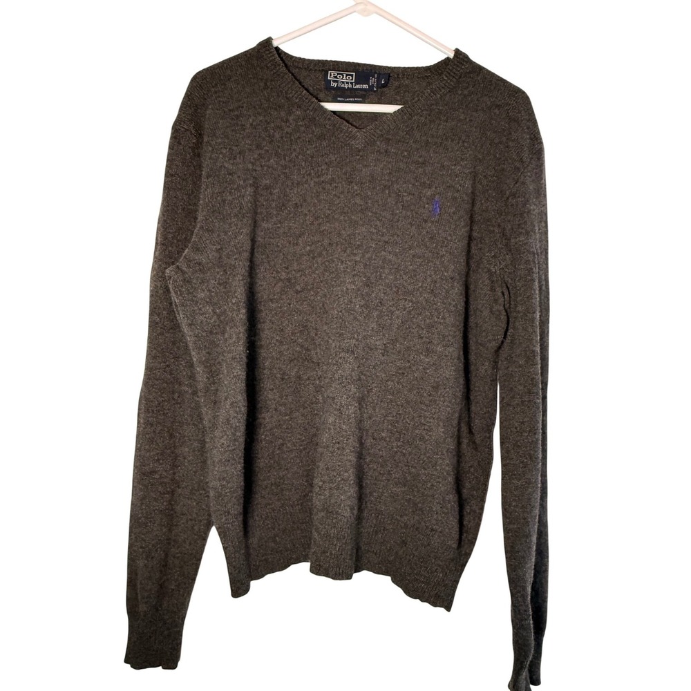 Polo Ralph Lauren Mens Gray 100% Lambswool V-Neck Sweater Size L